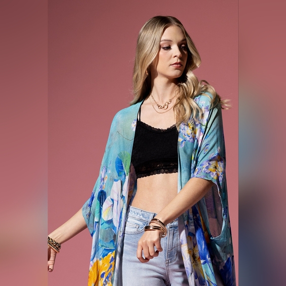 Colorful Floral Print Lightweight Kimono - Watercolor Effect Background - Picture 6 of 8